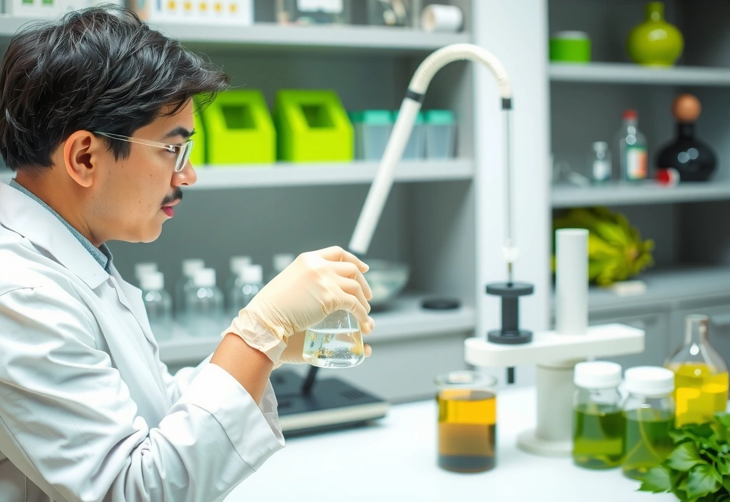 A scientist in a lab coat examining a plant extract in a sterile laboratory setting.