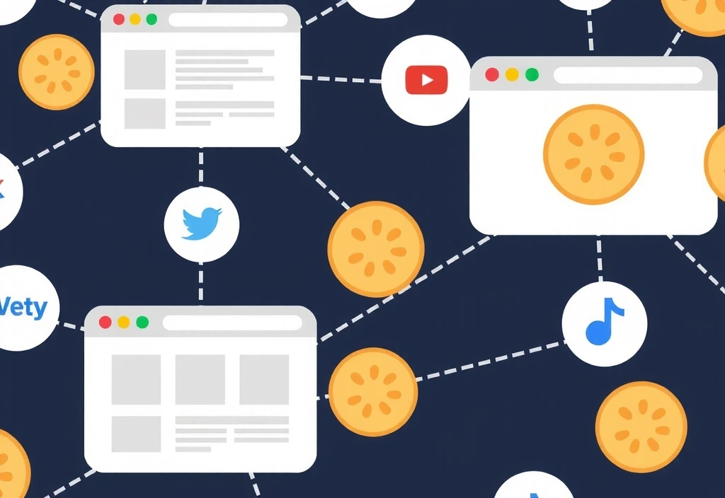 A visual representation of data flow between multiple interconnected websites and services, with small cookie icons moving between them, illustrating third-party cookie usage.
