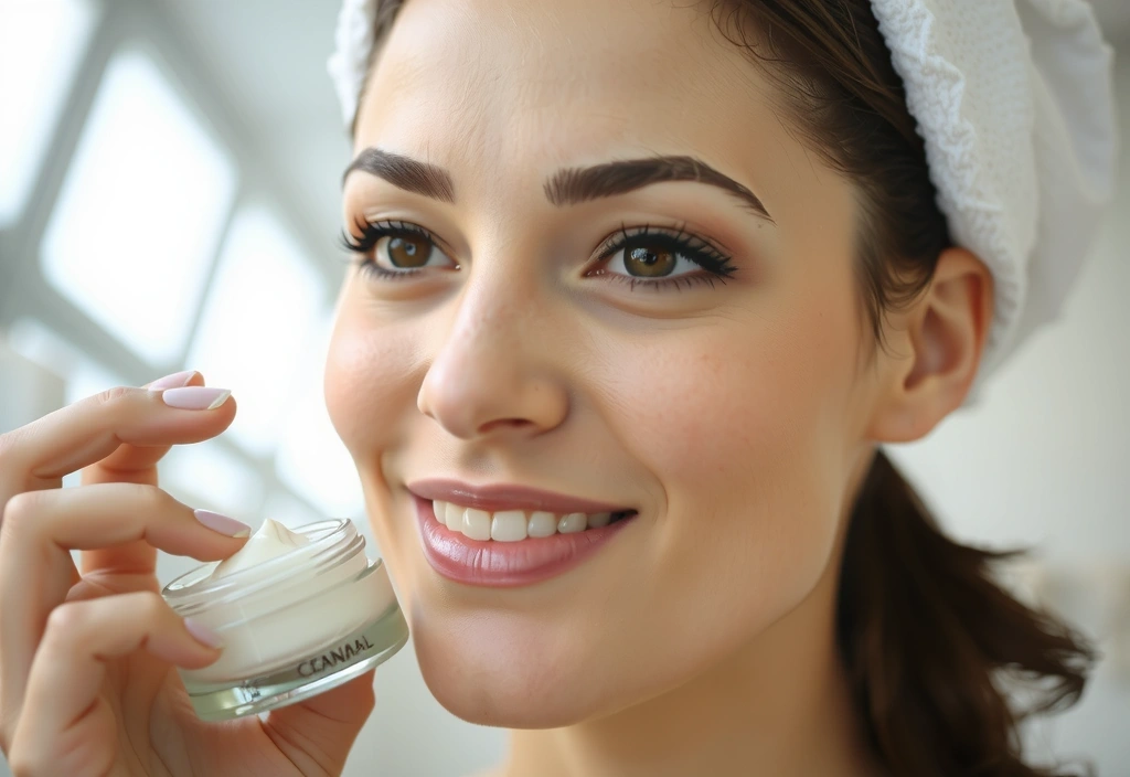 Woman with glowing, healthy skin applying face cream, representing women's creams.